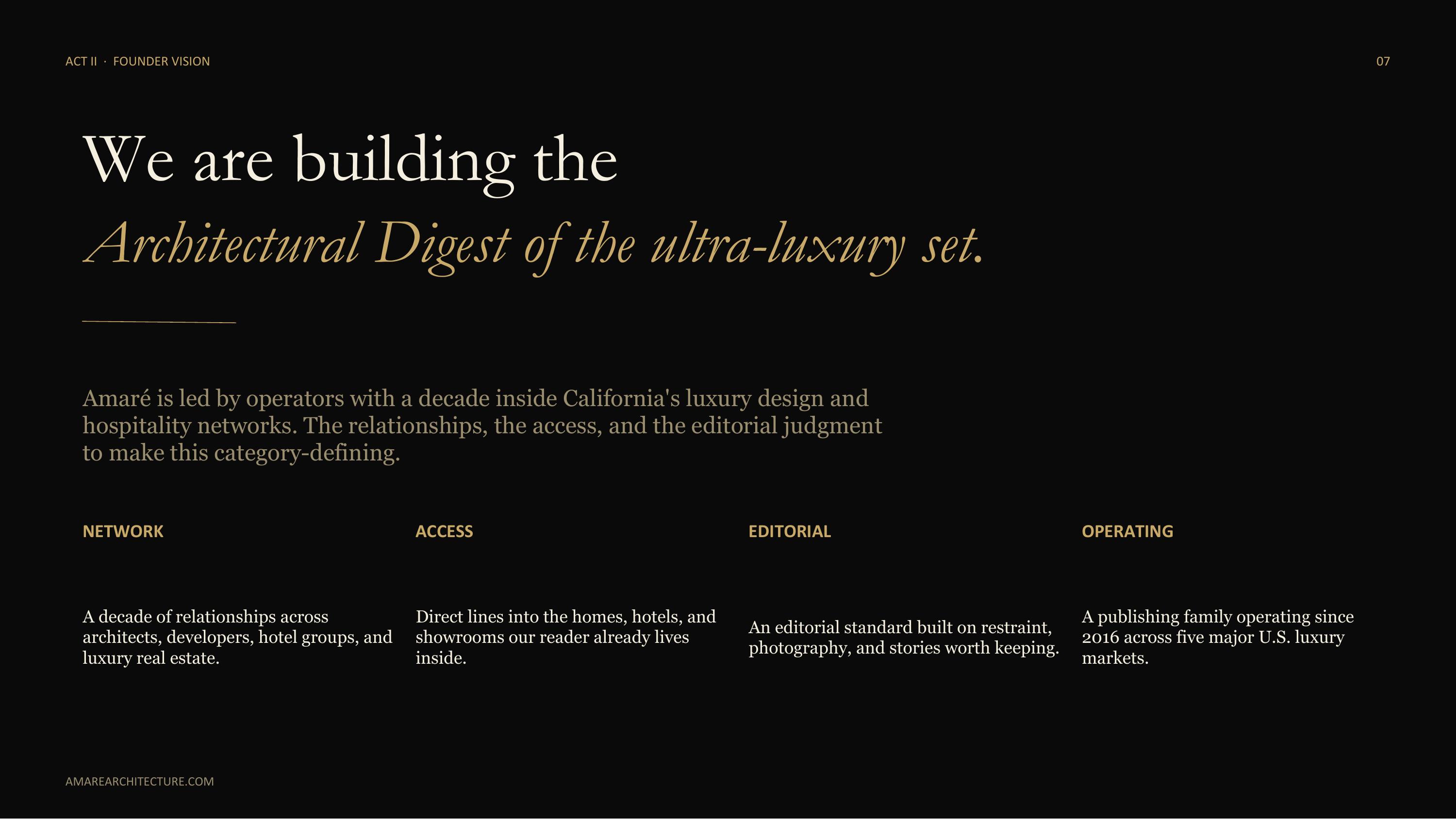 Amaré Architecture — Act II · Founder Vision