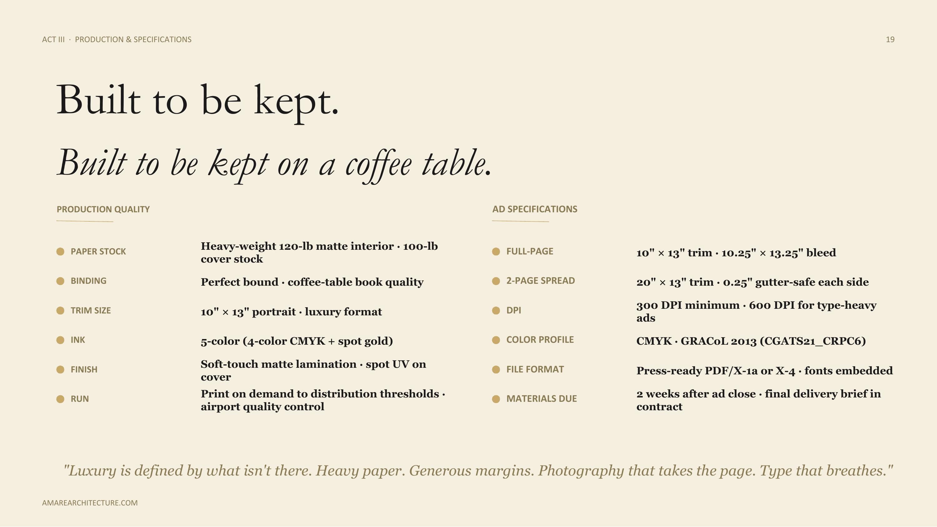 Amaré Architecture — Act III · Production & Specifications